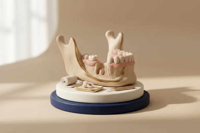 Diorama in miniatura dell'estrazione: l'alveolo vuoto e il dente estratto