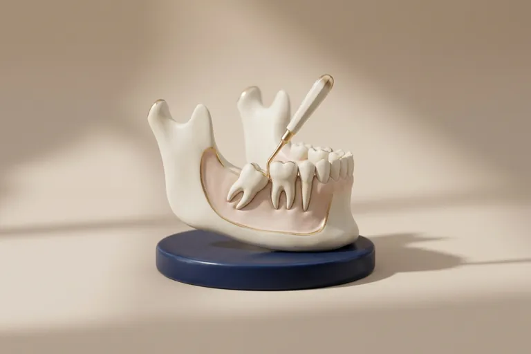 Diorama in miniatura del dente del giudizio incluso, inclinato sotto la gengiva