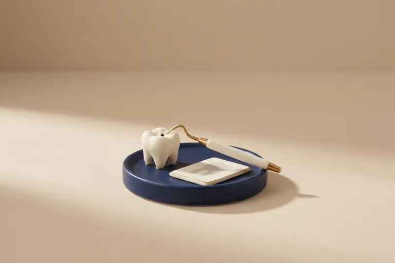Diorama in miniatura della diagnosi della carie: la sonda sul solco e la piccola radiografia