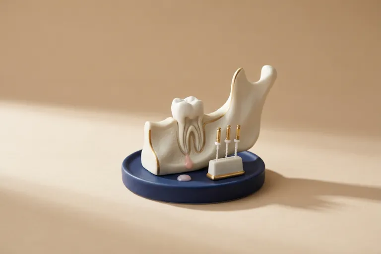 Diorama in miniatura dei canali puliti e degli strumenti endodontici