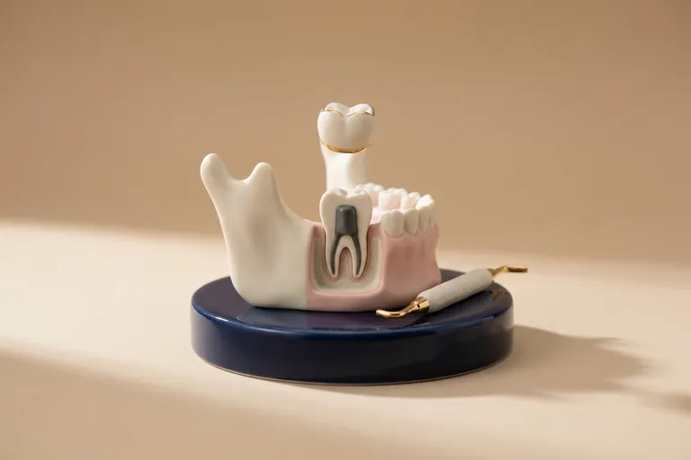 Diorama in miniatura del dente devitalizzato con perno e corona