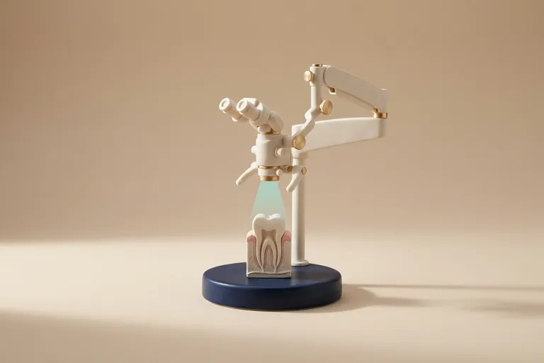 Diorama in miniatura del microscopio operatorio sopra il dente aperto