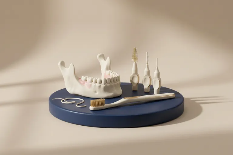 Diorama in miniatura dell'igiene a casa: spazzolino, scovolini e filo