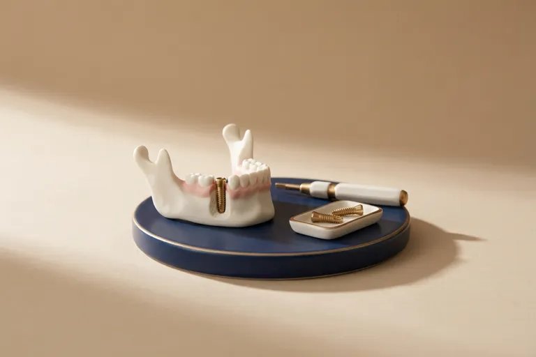 Diorama in miniatura dell'intervento implantare: la vite in titanio nell'osso e il cacciavite chirurgico