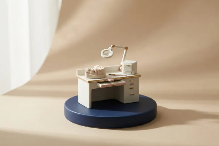 Diorama in miniatura del laboratorio odontotecnico: il modello, la corona, il fornetto