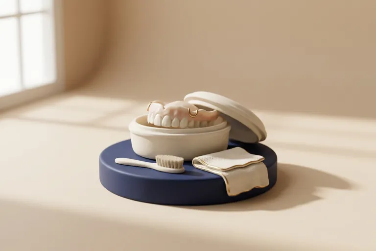 Diorama in miniatura della manutenzione della dentiera: il contenitore e lo spazzolino