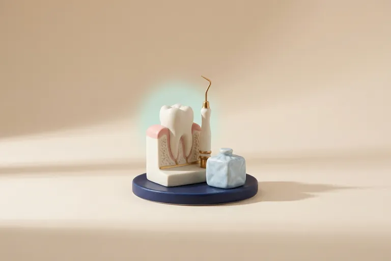 Diorama in miniatura del dolore acuto: il dente segnalato e l'impacco freddo